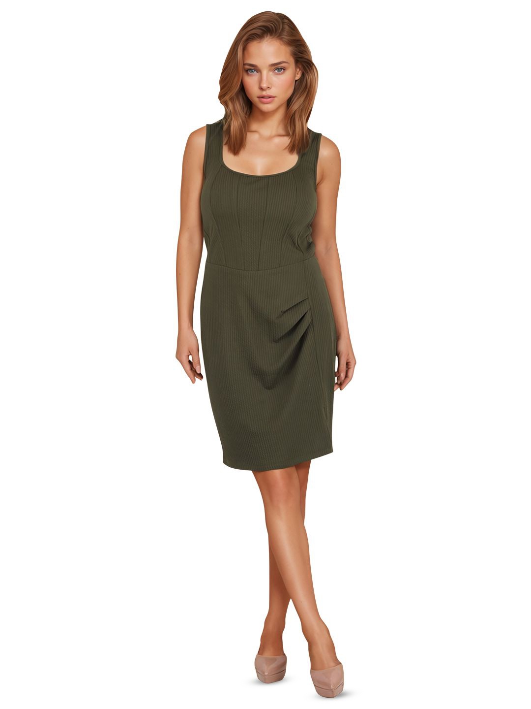 

Bunny Corset Striped Sheath Dress, Olive