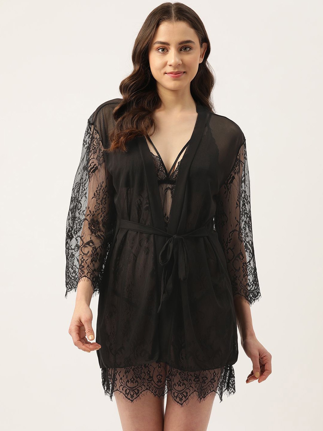

Ms.Lingies Self Design Shoulder Straps Robe Baby Doll, Black