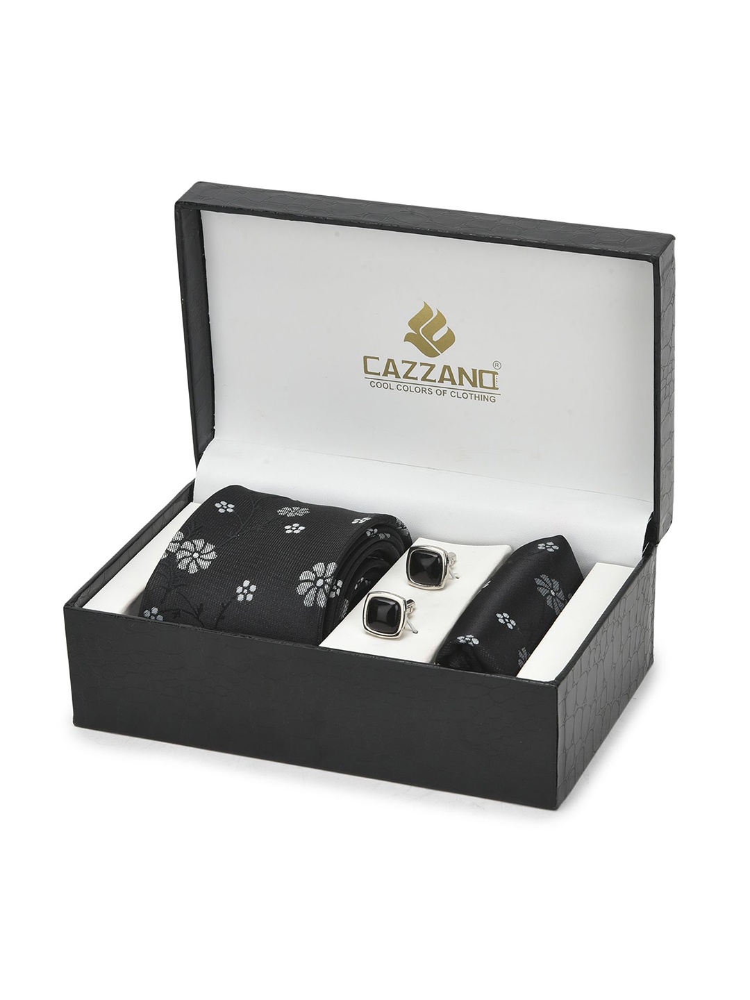 

Cazzano Men Accessory Gift Set Of Slim Tie, Cufflink & Pocket Square, Black