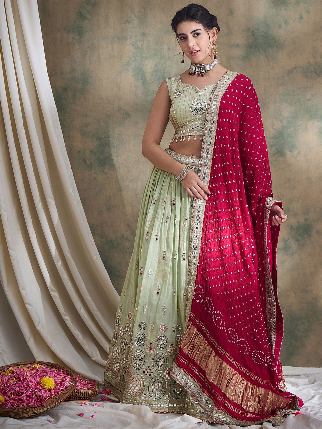 

SHRINGARINI Embroidered Ready to Wear Lehenga & Blouse With Dupatta, Olive