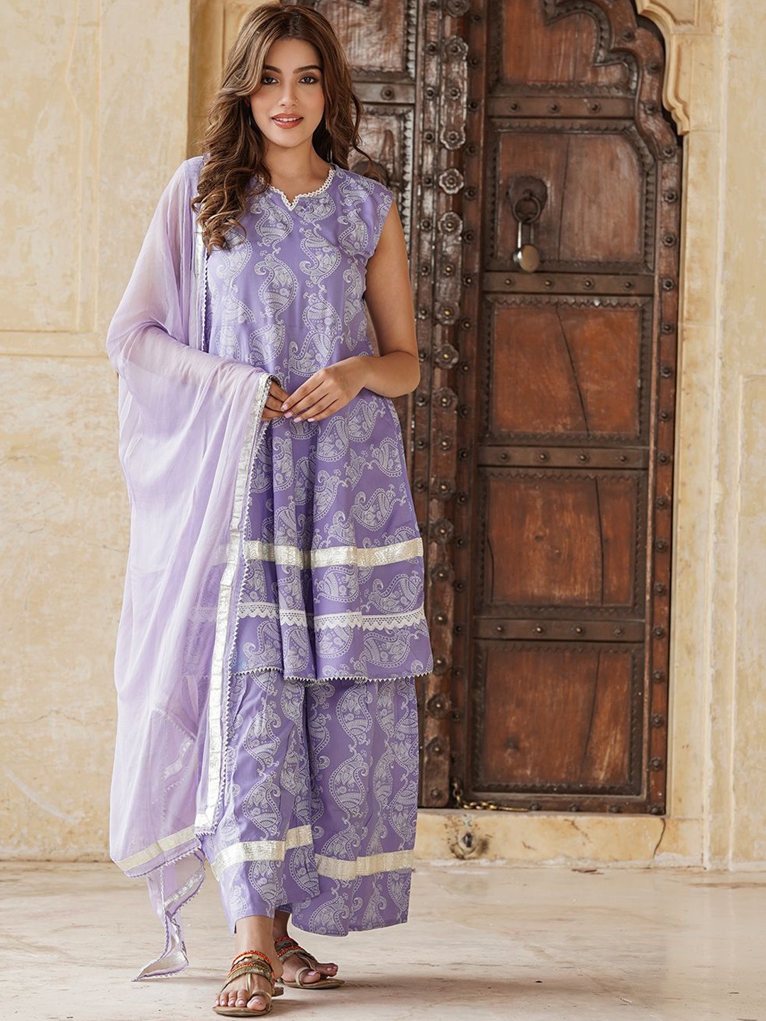 

BAESD Paisley Printed Notch Neck A-Line Kurta with Sharara & Dupatta, Purple