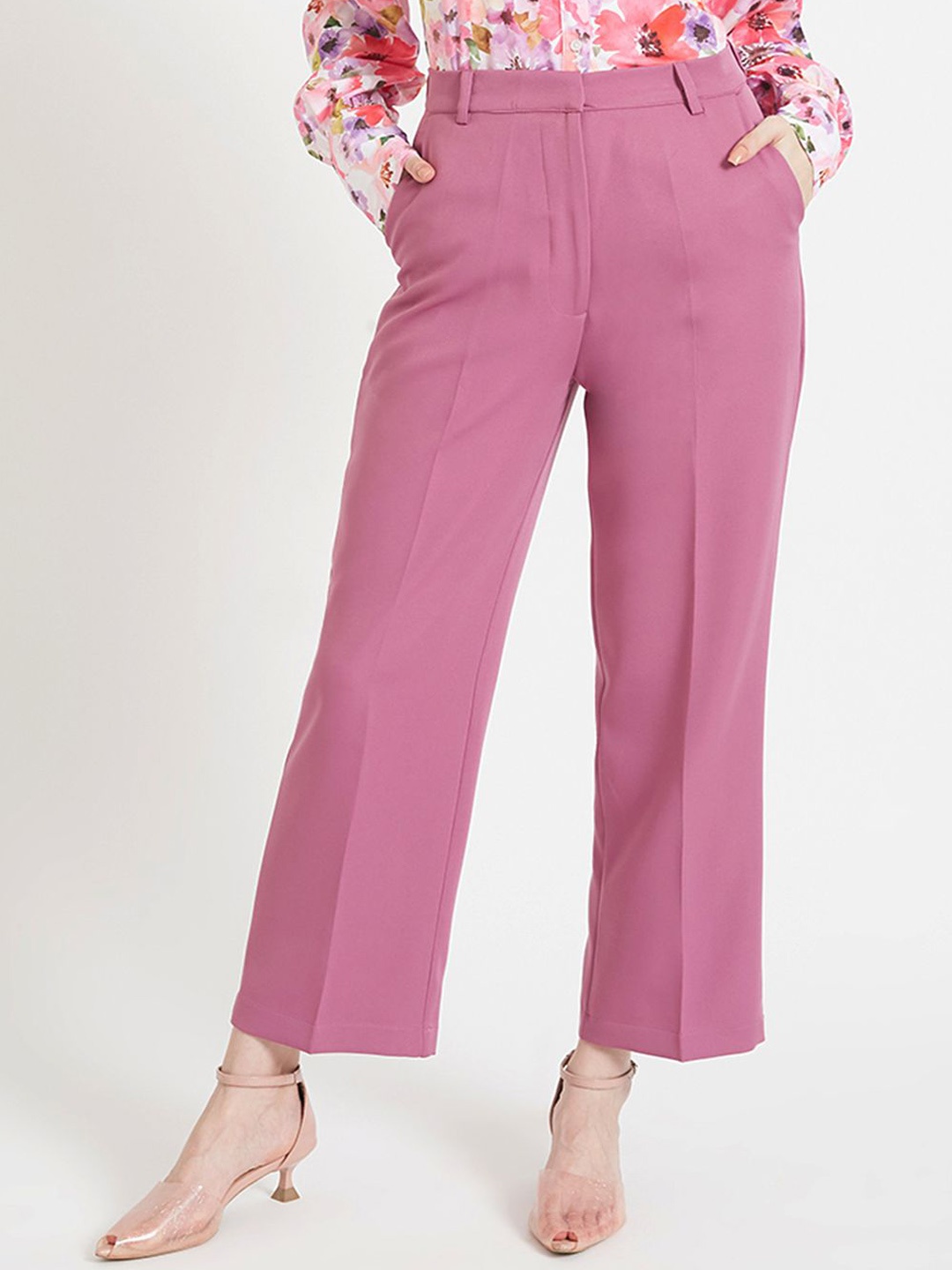 

AMSWAN Women Smart Straight Fit High-Rise Trousers, Rose