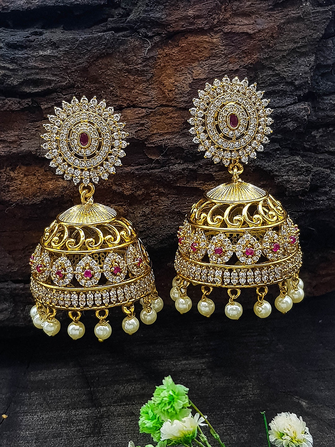 

GRIIHAM Gold-Plated Cubic Zirconia Dome Shaped Jhumkas