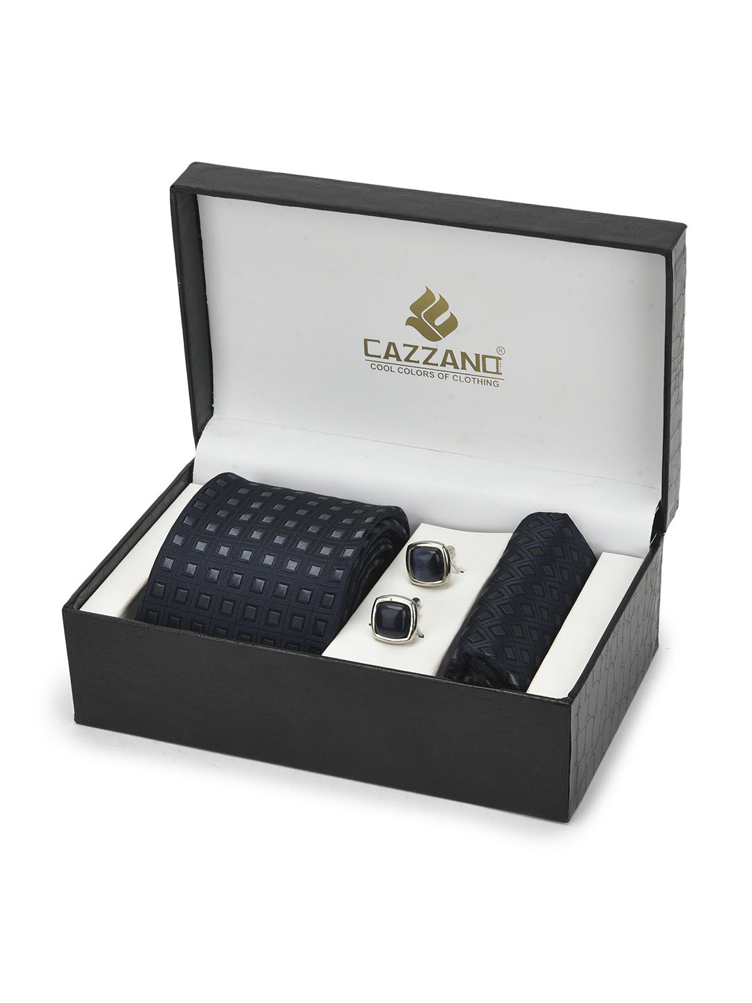 

Cazzano Men Accessory Gift Set Of Slim Tie, Cufflink & Pocket Square, Navy blue