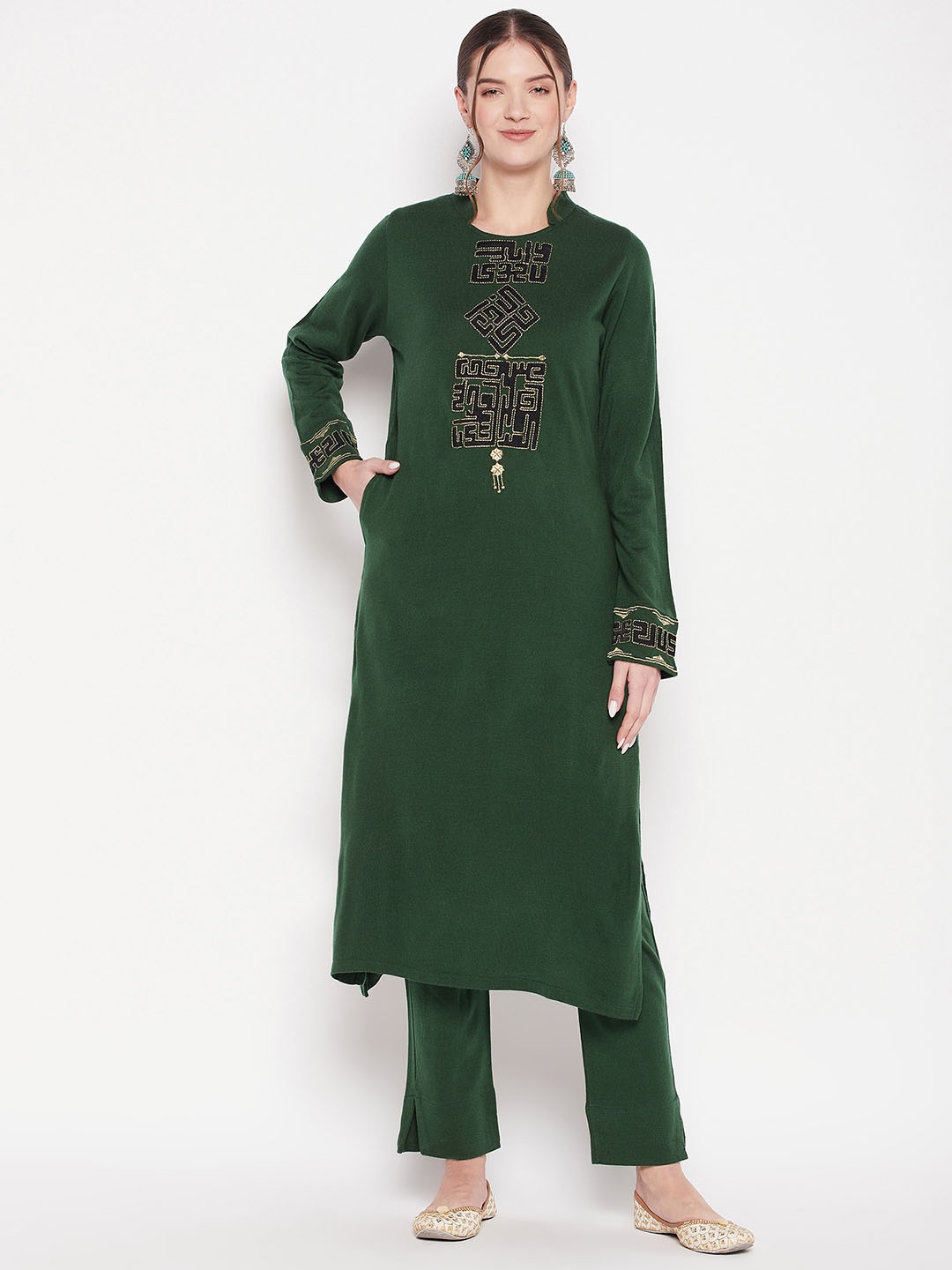 

Zigo Winter Wear Ethnic Motifs Embroidered Regular Thread Work Pure Wool Straight Kurta with Palazzos, Green