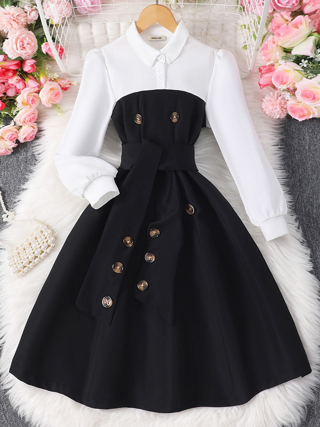 

INCLUD Girls Puff Sleeves Fit & Flare Midi Dress, Black