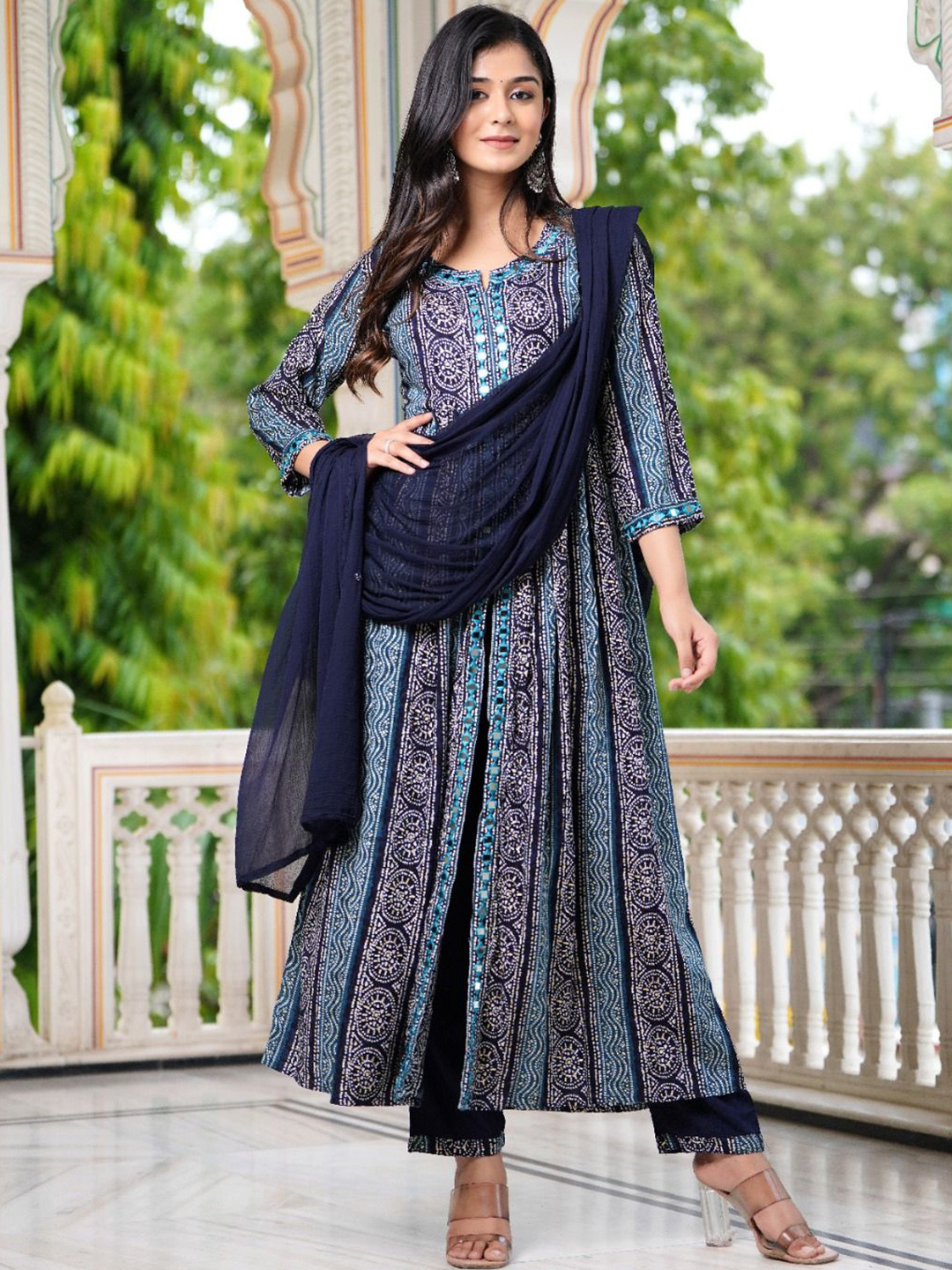 

Hatheli Bandhani Printed Regular Mirror Work Anarkali Kurta & Trouser & Dupatta, Navy blue
