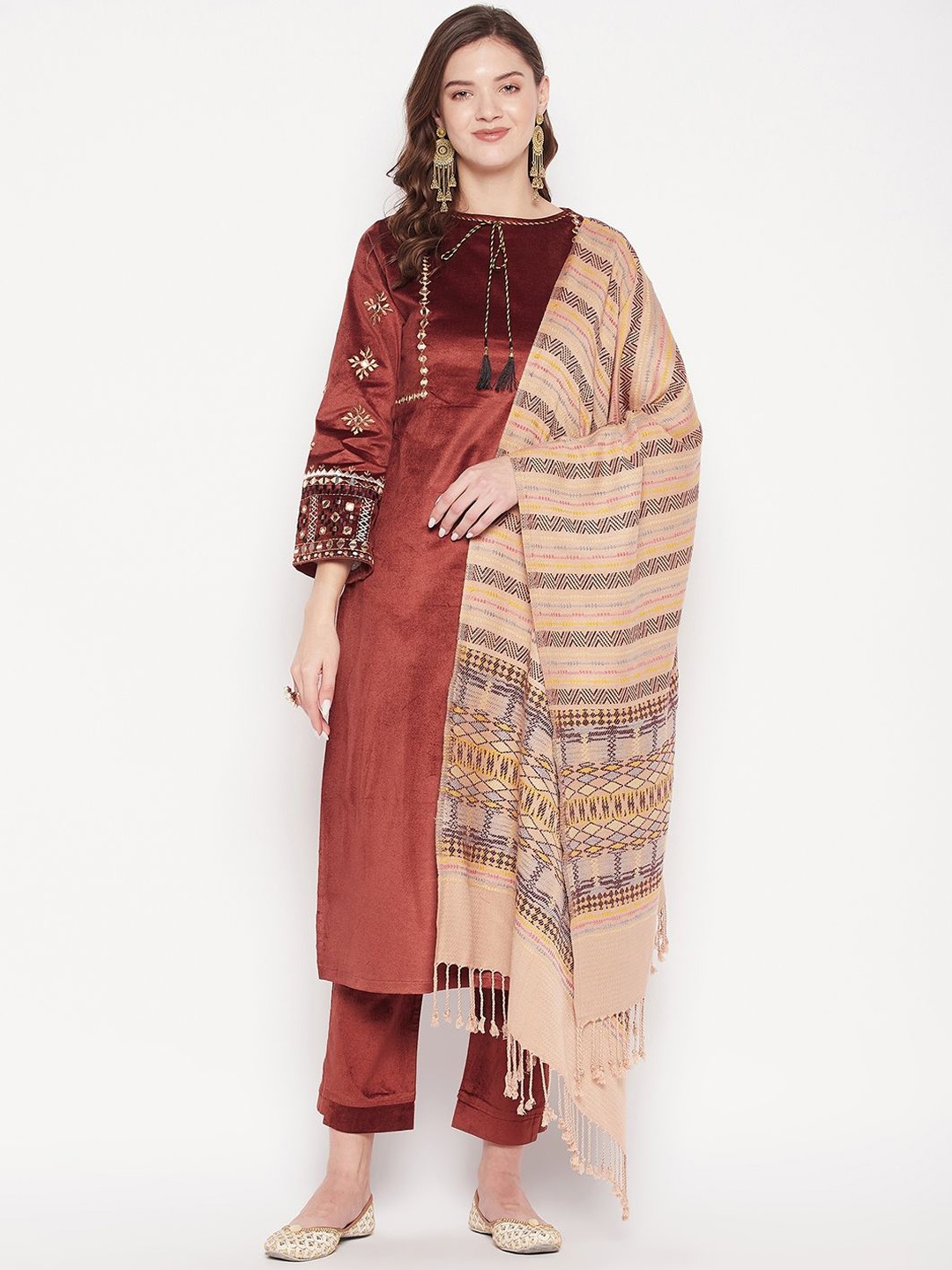 

Zigo Ethnic Motifs Embroidered Regular Pure Wool Straight Kurta with Palazzos & Dupatta, Coffee brown