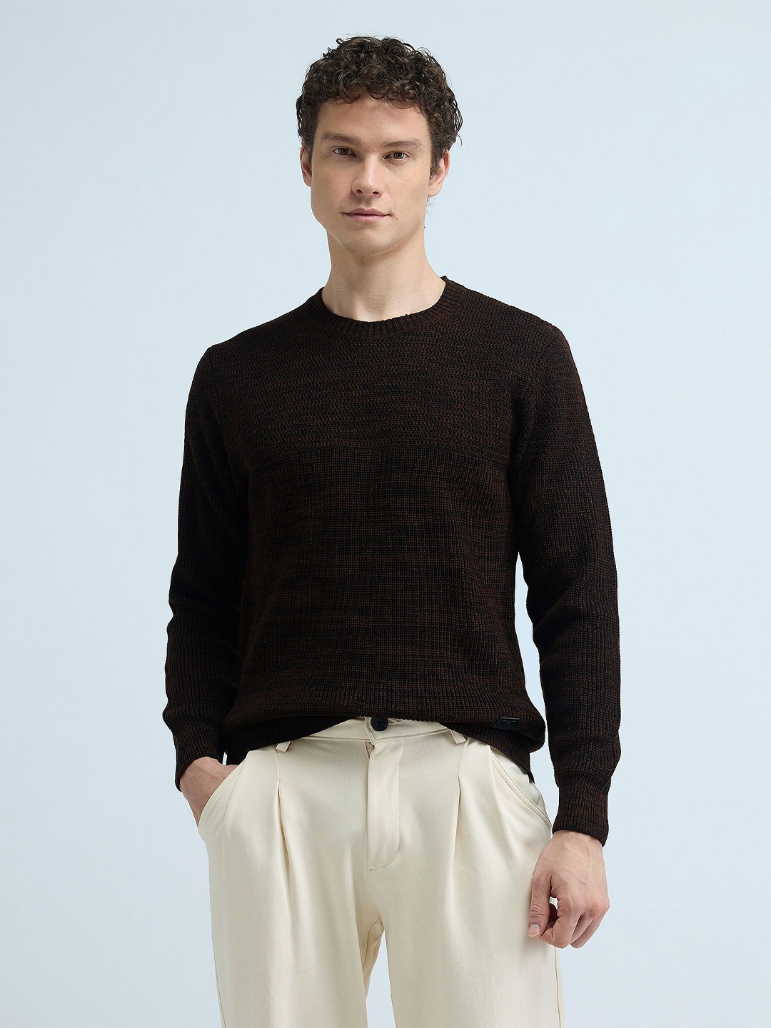 

Flying Machine Men Self Design Cable Knit Pullover Ribbed Sweater, Brown