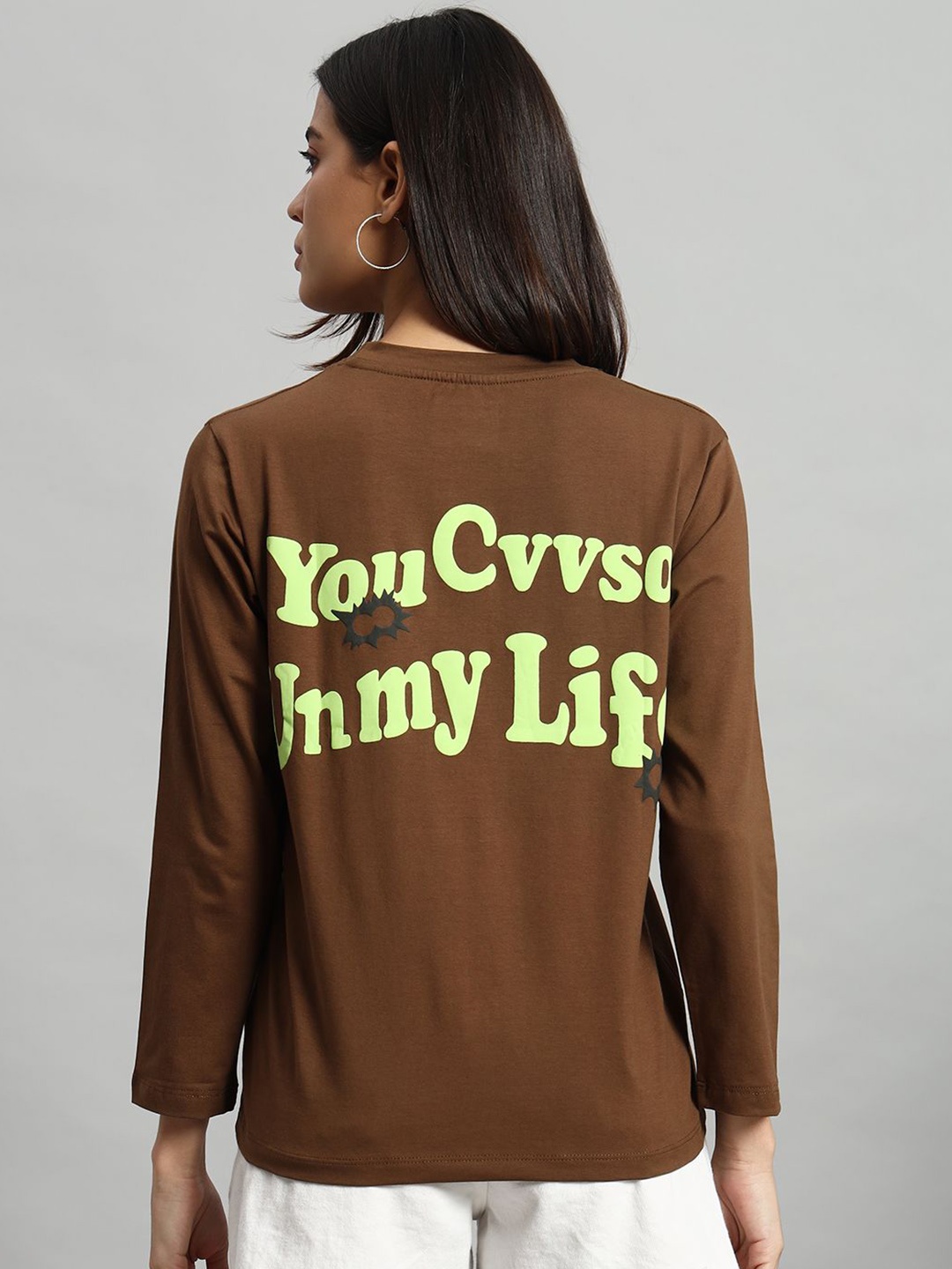 

AECK Women Typography Printed Round Neck Cotton T-shirt, Tan