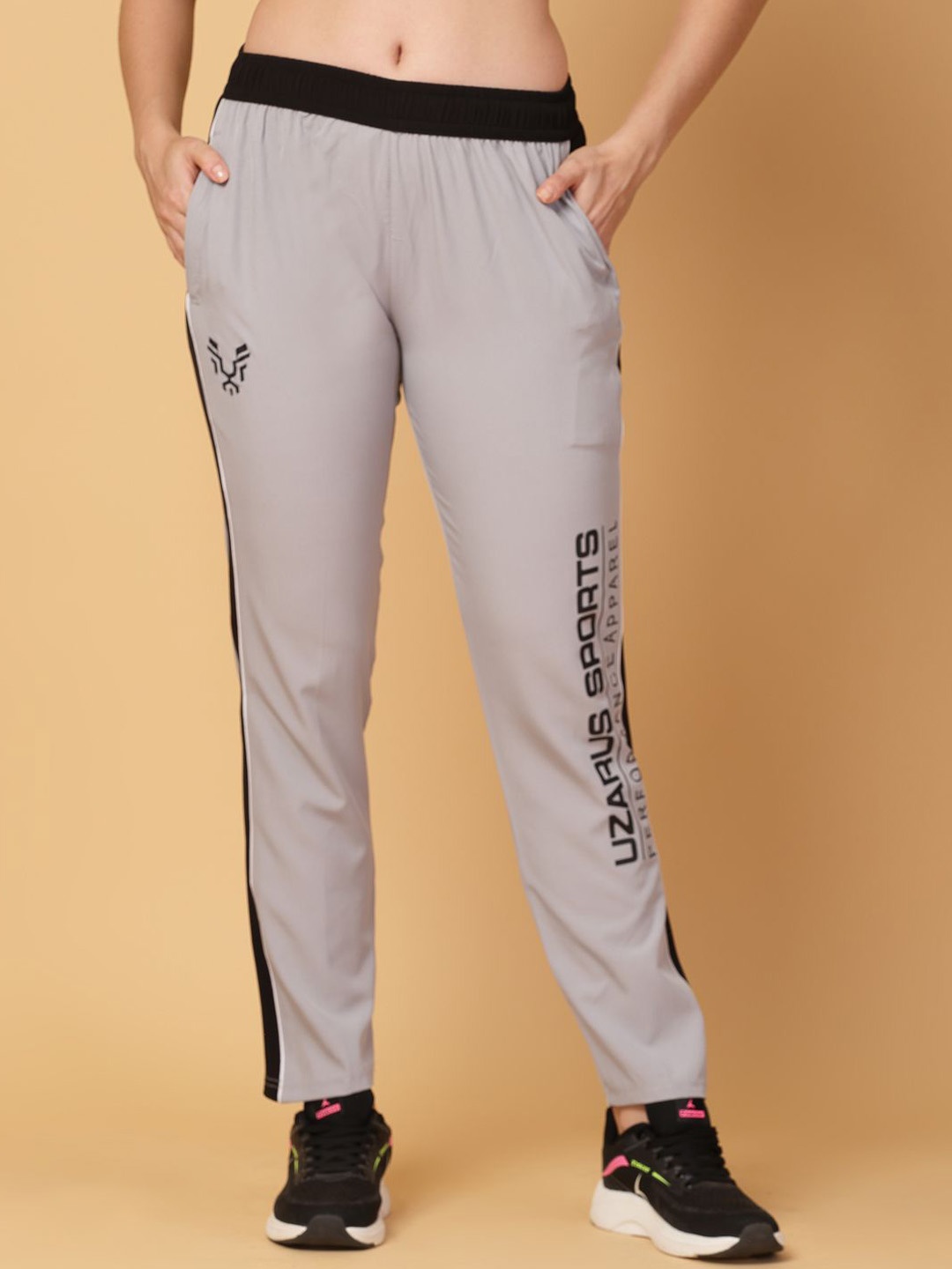 

UZARUS Women Typography Mid-Rise Track Pants, Grey melange