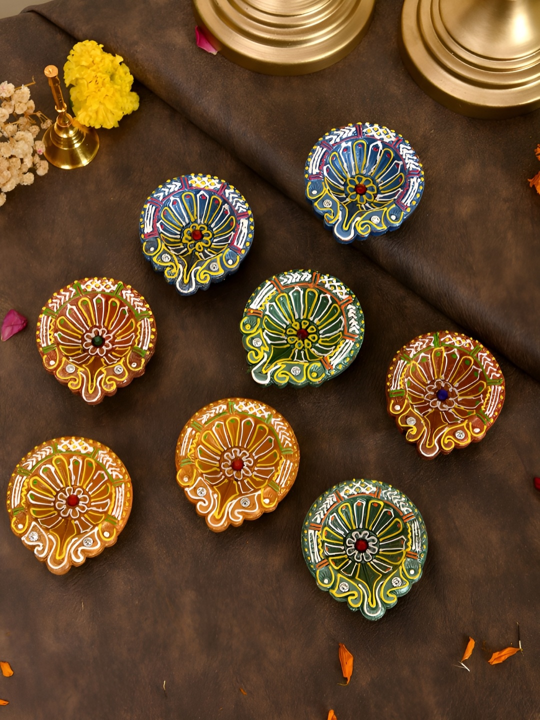 

Aapno Rajasthan Blue & Yellow 8 Pieces Floral Printed Terracotta Diyas