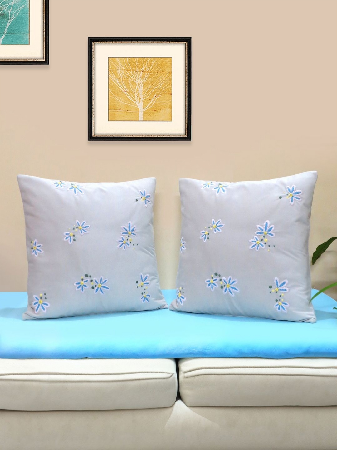 

Mid July Home Off White & Blue Set of 2 Floral Velvet Square Cushion Covers