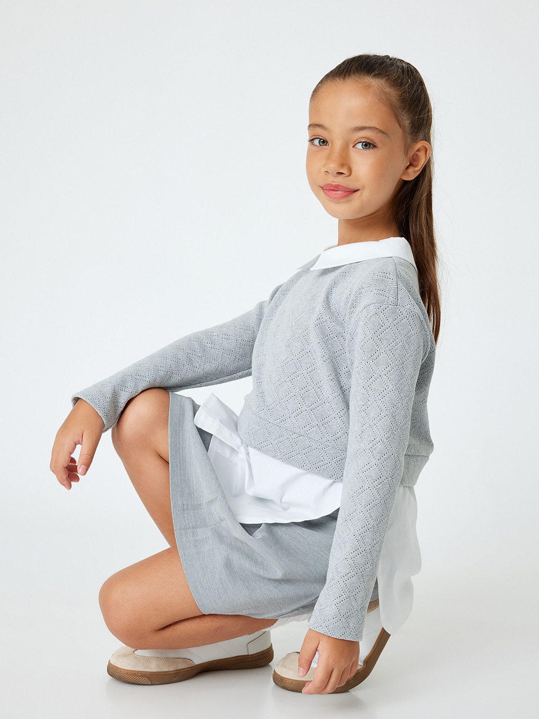 

Koton Girls Solid Shirt Collar Pullover Sweatshirt, Grey