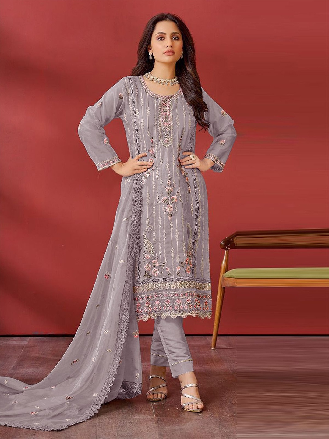 

ODETTE Floral Embroidered Sequinned Georgette Semi-Stitched Dress Material, Mauve