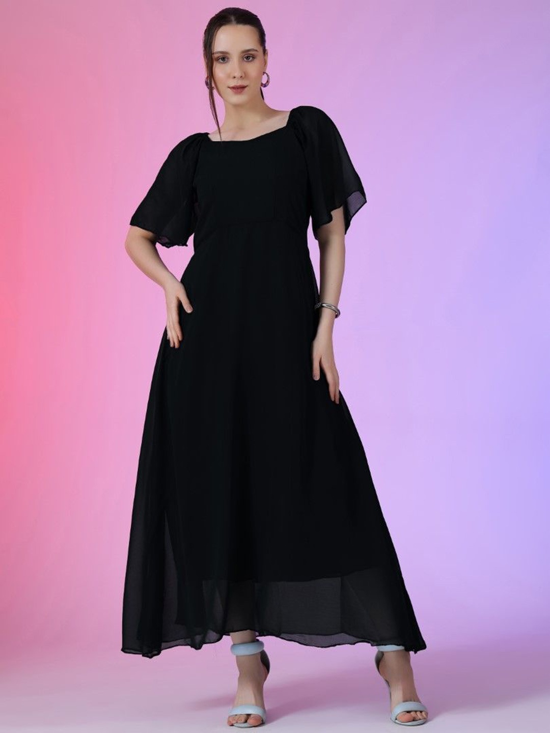 

Femvy Women Square Neck Flared Sleeves Maxi Dress, Black