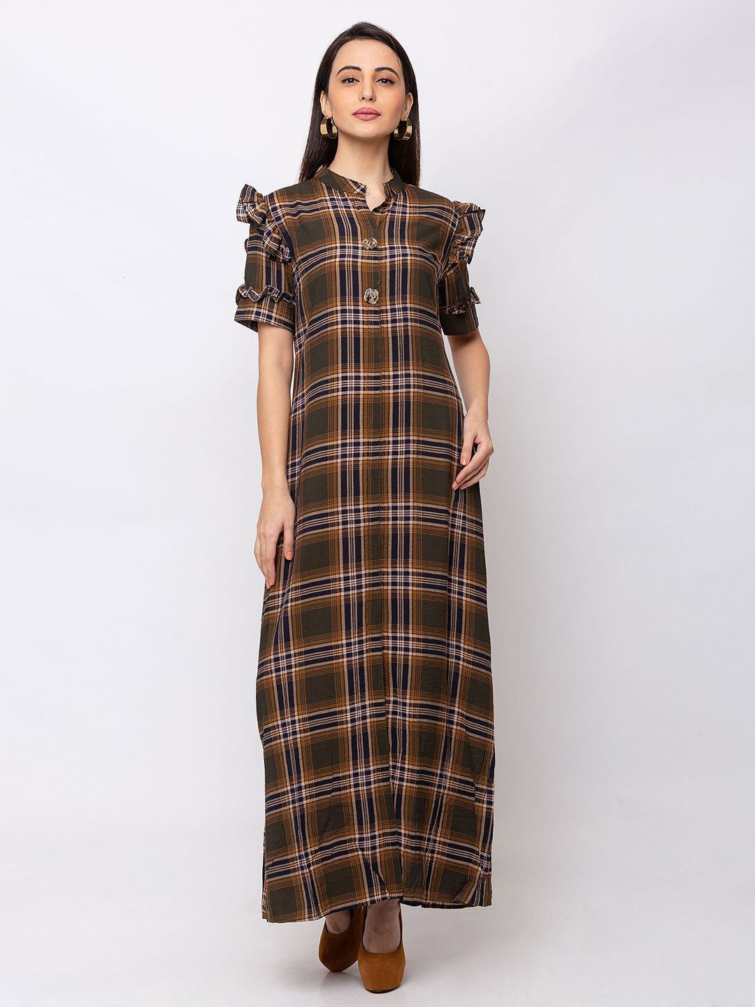 

SHECZZAR Checked Cotton Mandarin Collar Short Sleeves Maxi Dress, Olive