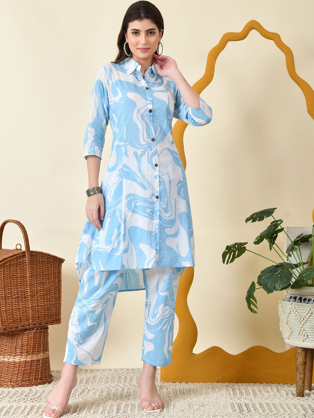 

DORIYA Printed Collared Neck Tunic & Trousers Co-Ord Set, Blue
