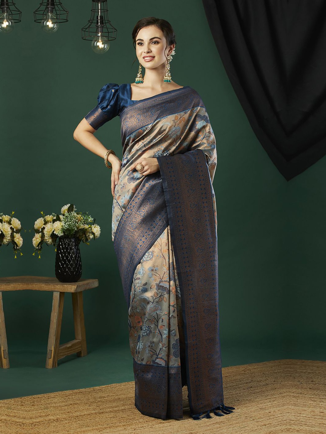 

HI FI NX Ethnic Motifs Zari Pure Silk Banarasi Saree, Blue