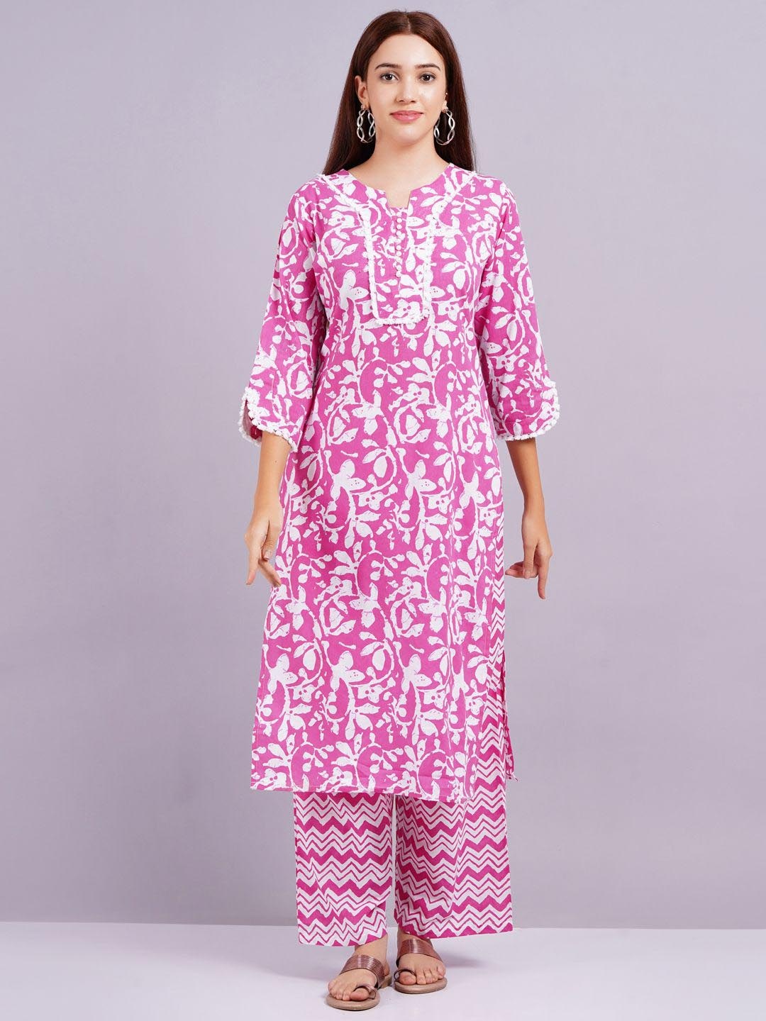 

JC4U Floral Printed V-Neck Pure Cotton Straight Kurta with Trouser, Pink