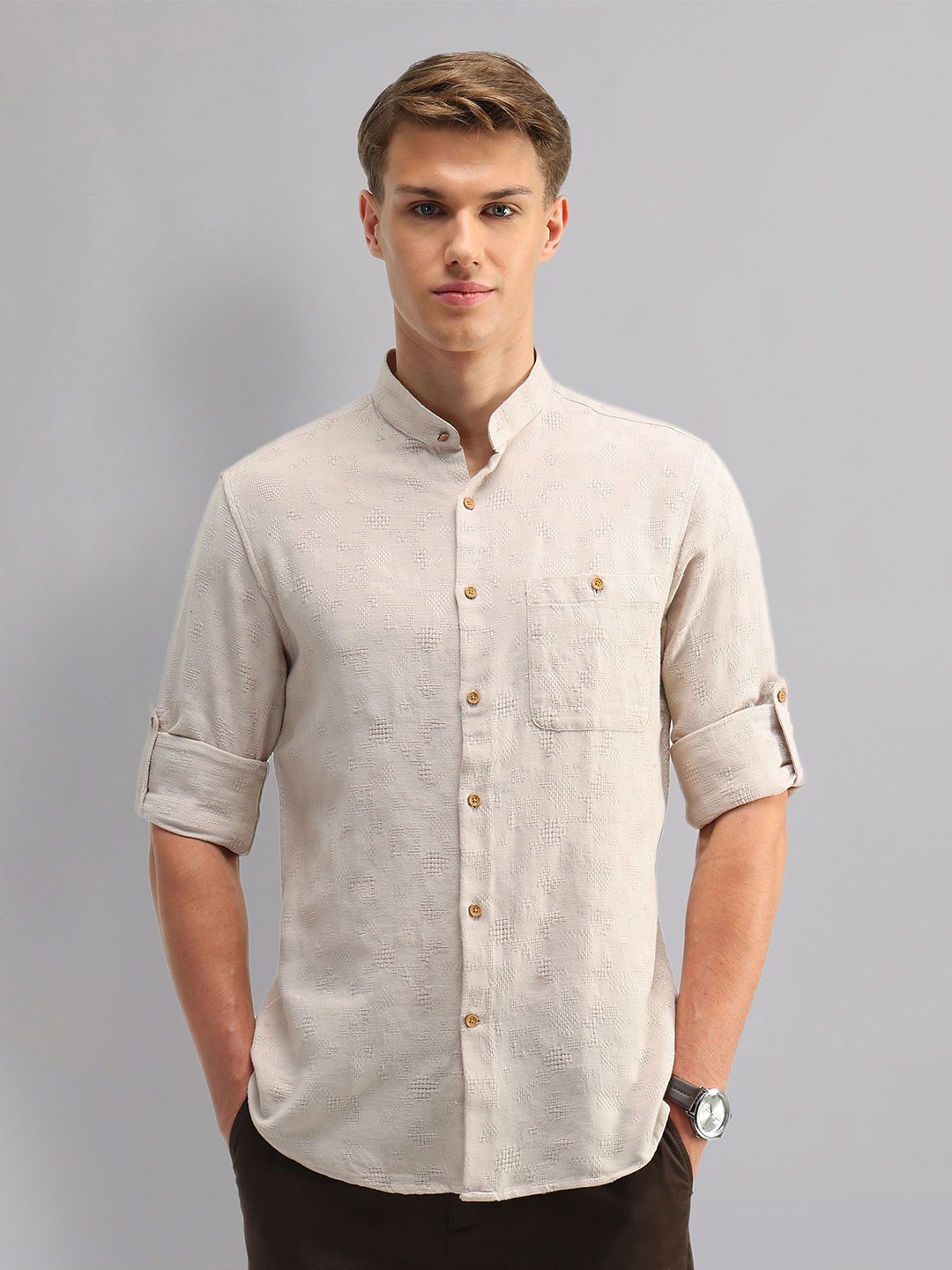 

AD By Arvind Men Band Collar Textured Cotton Casual Shirt, Beige