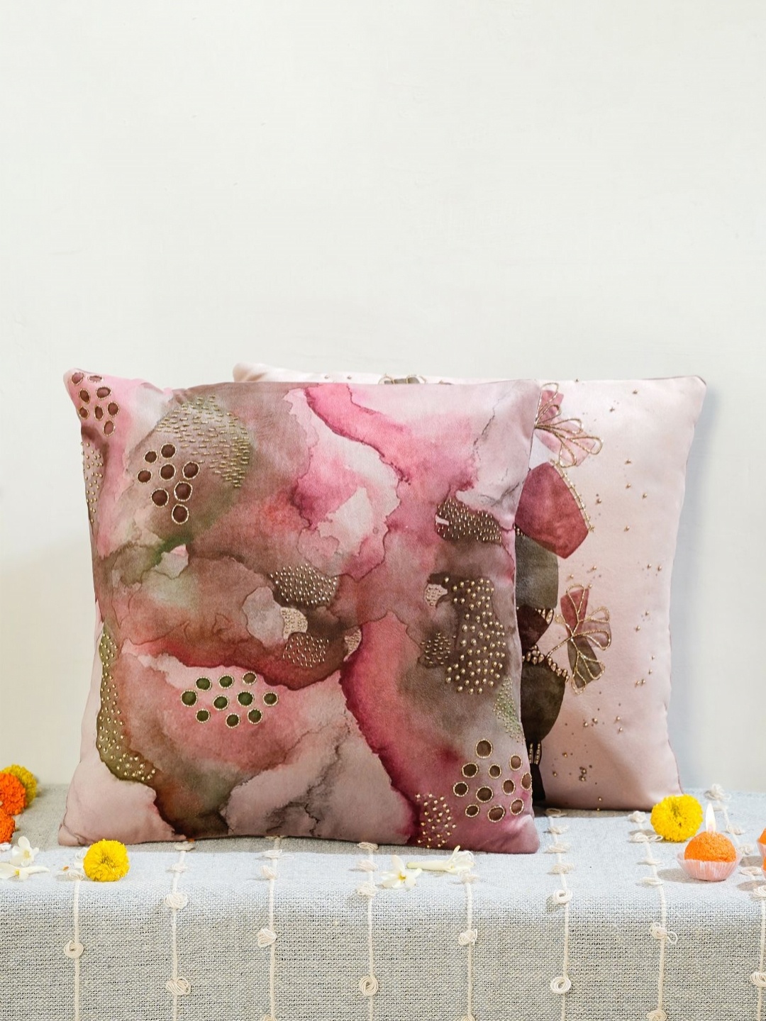 

Mid July Home Pink & Brown 2 Pieces Floral Velvet Square Cushion Covers