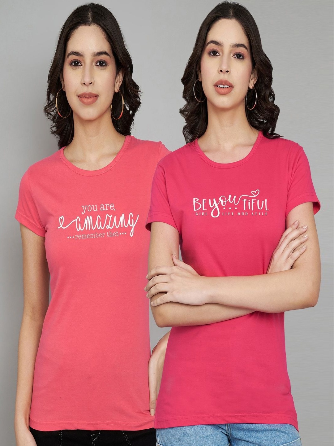 

Trend Level Women Pack Of 2 Typography Printed Round Neck Cotton T-shirts, Coral