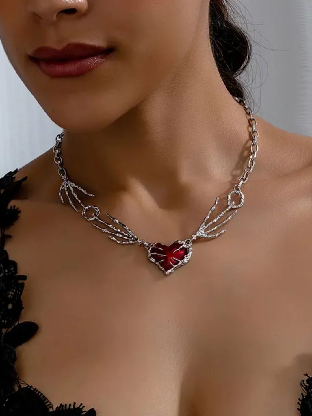 

SALTY Forbidden Love Stones Studded Heart Charm Necklace, Silver