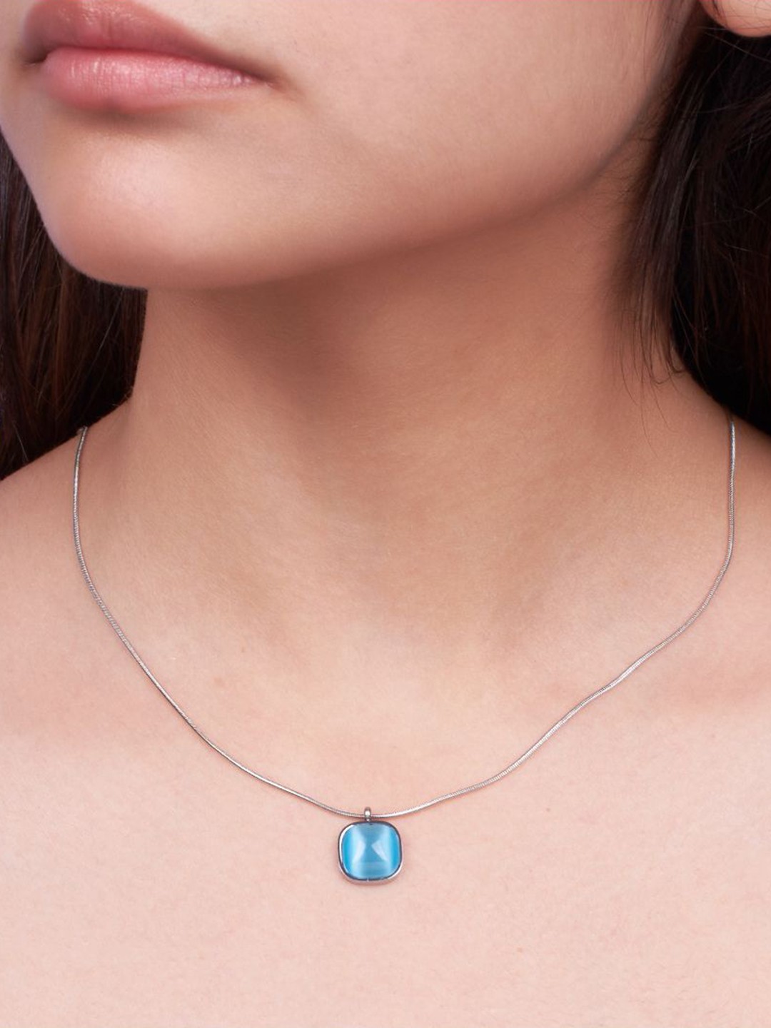 

SALTY Stainless Steel Enchanted Blue Gem Pendants With Chain, Silver