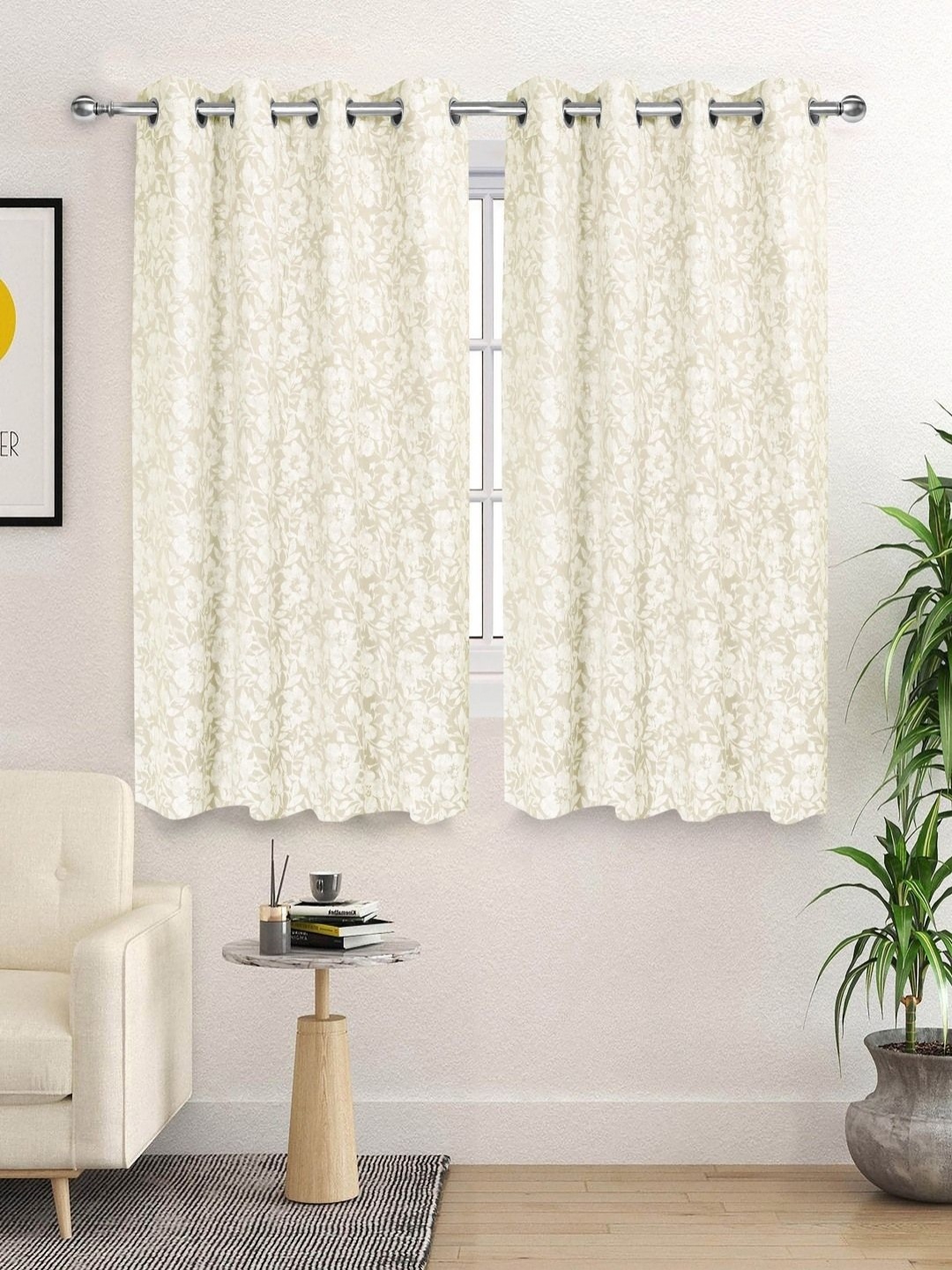 

Saral Home White & Beige 2Pieces Floral Woven Design Cotton Room Darkening Window Curtains