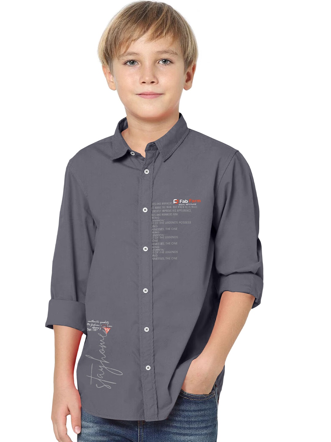 

FABFARM Boys Comfort Spread Collar Typography Printed Cotton Casual Shirt, Grey