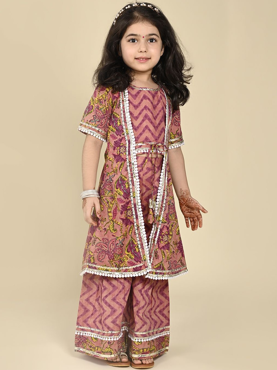 

LIL PITAARA Girls Floral Printed Regular Gotta Patti Pure Cotton Top with Sharara, Purple