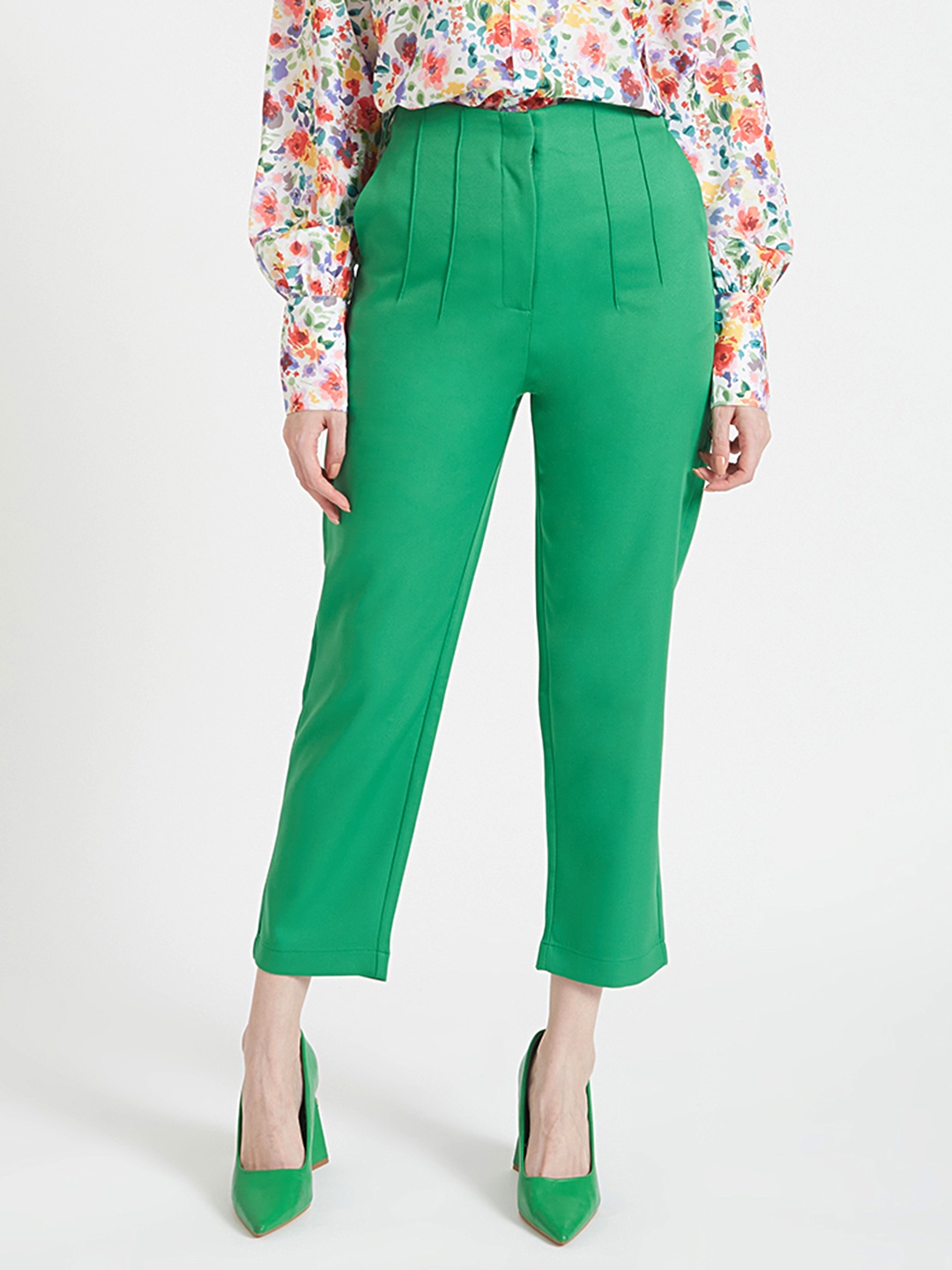 

AMSWAN Women Smart Skinny Fit High-Rise Pleated Cigarette Trousers, Green