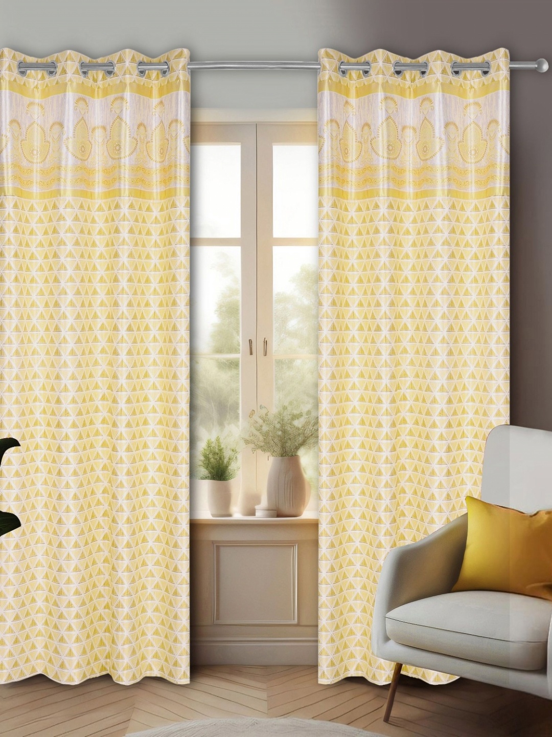 

REYANSH DECOR Yellow & White 2 Pieces Floral Room Darkening Window Curtains