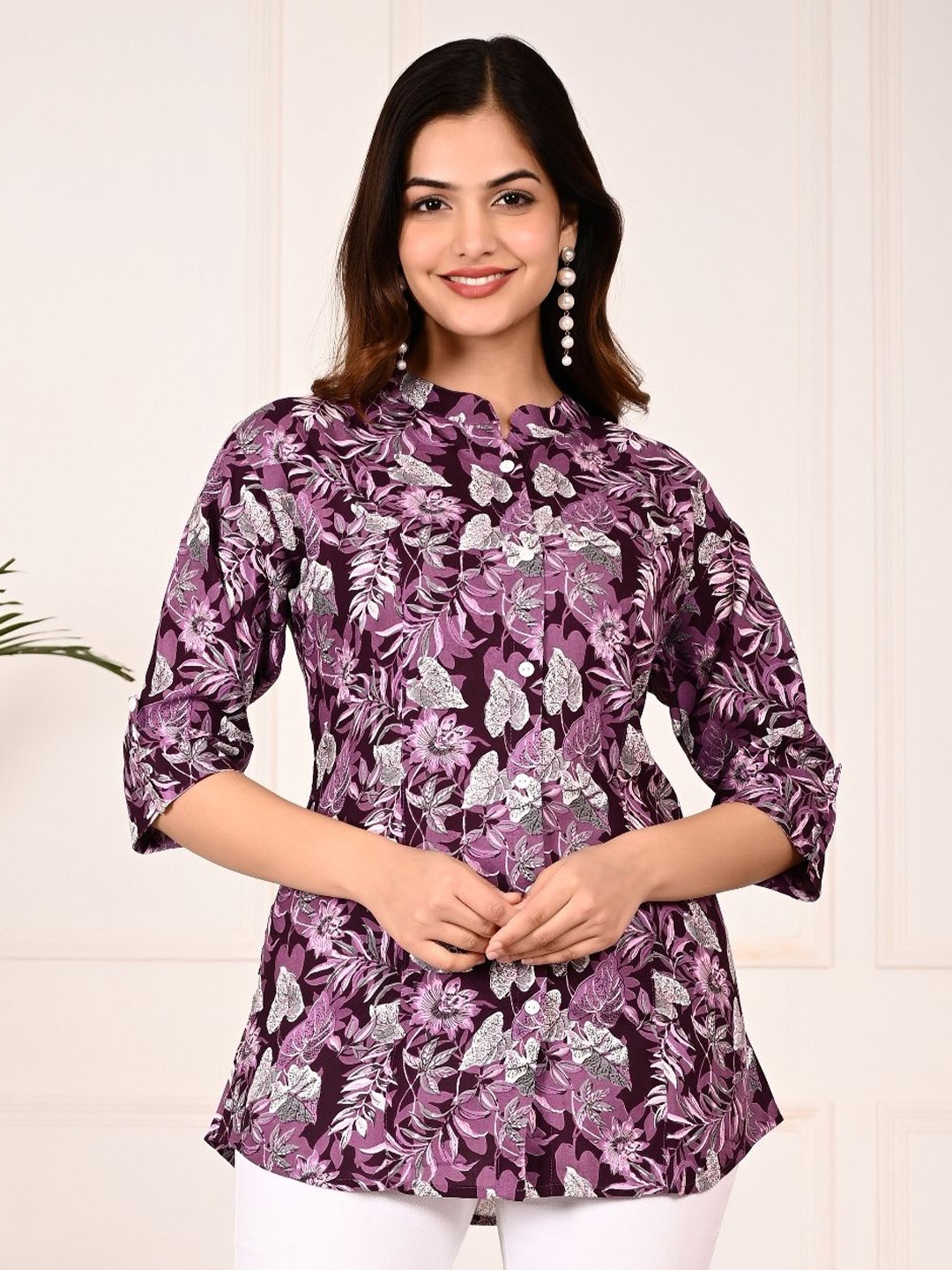

GUDWEARS Women Floral Printed Mandarin Collar Top, Purple