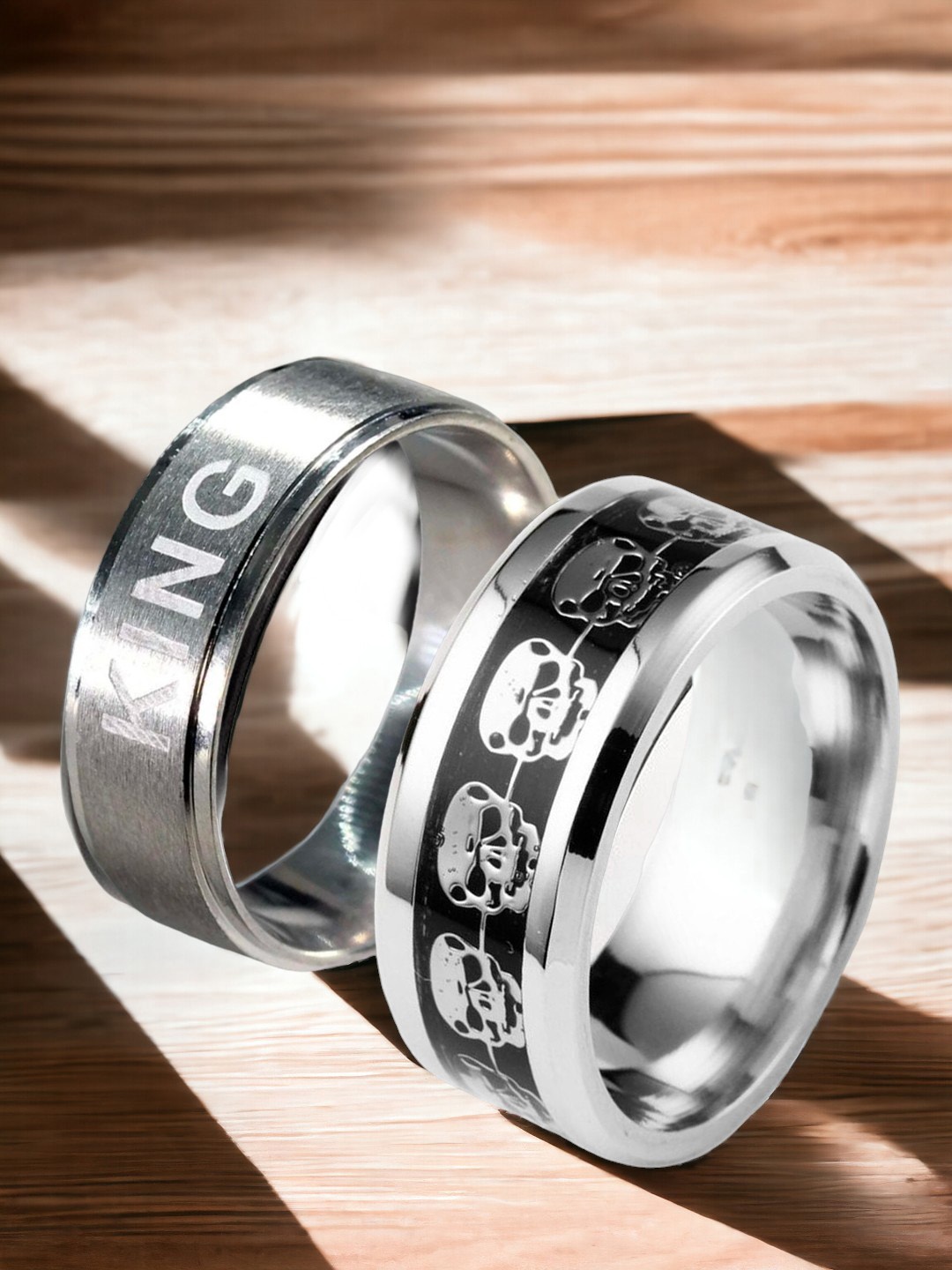 

fabula Men Set Of 2 Stainless Steel Punk Skull Finger Rings, Silver