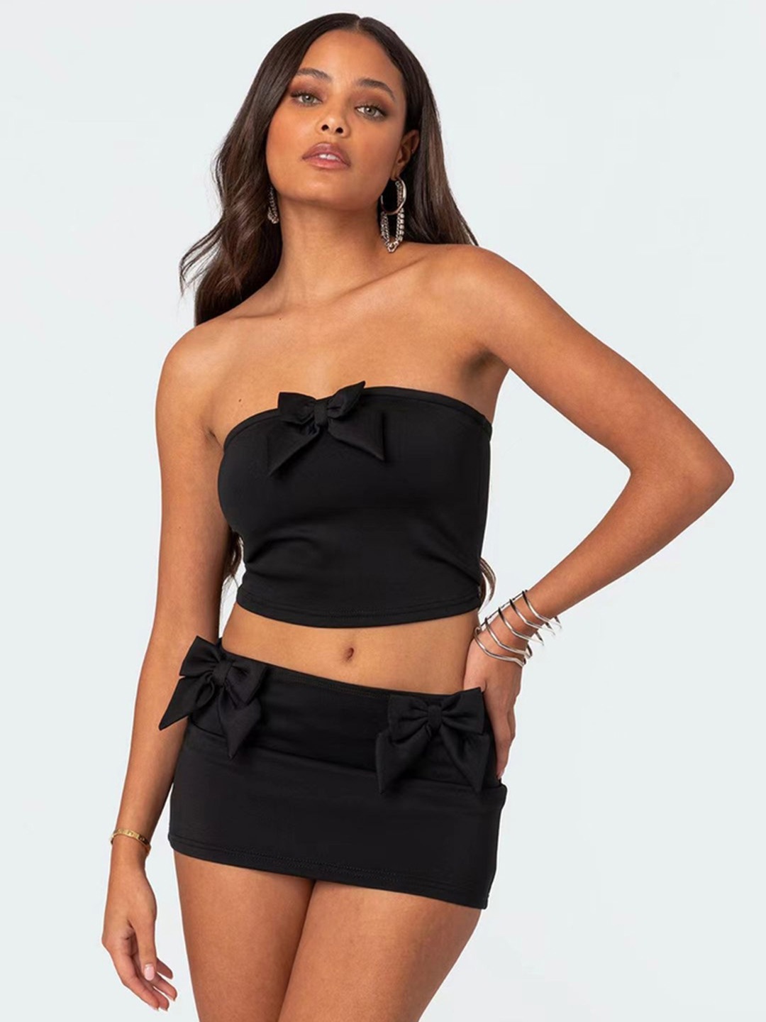 

LULU & SKY Women Strapless Top & Skirt Co-Ords, Black