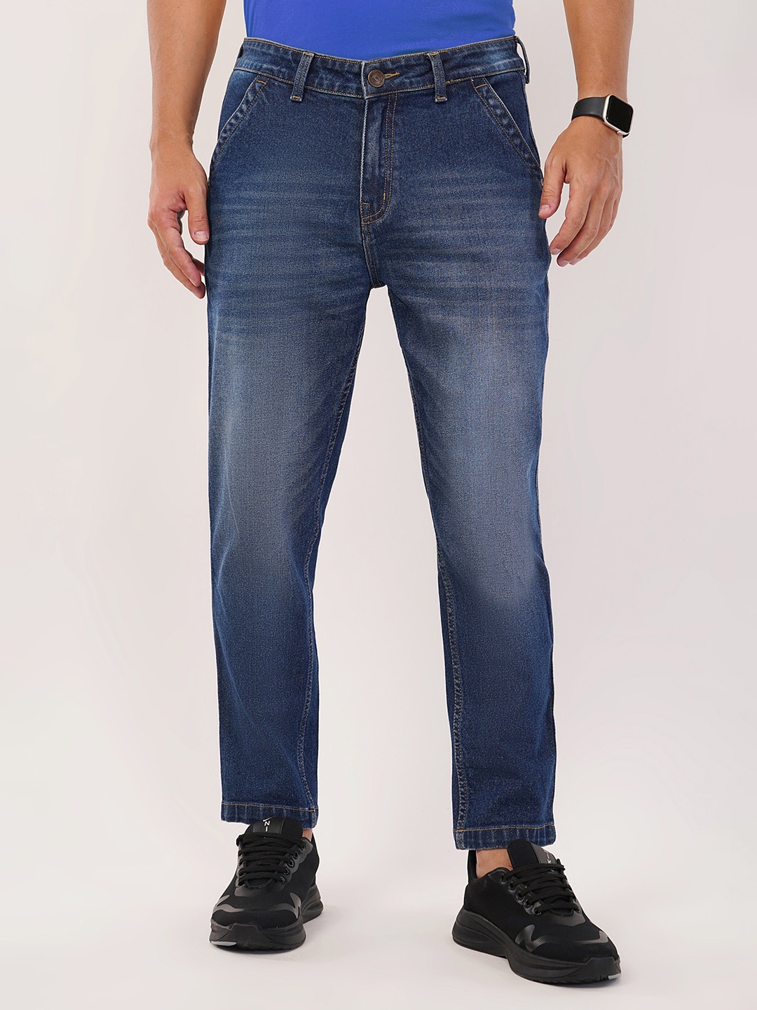 

MEGHZ Men Cropped Straight Fit High-Rise Light Fade Stretchable Jeans, Blue