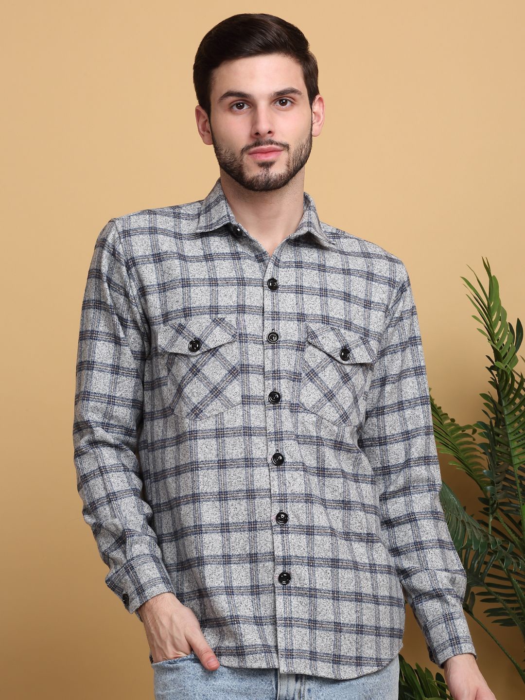

KLOTTHE Men Spread Collar Tartan Checked Wool Casual Shirt, Grey