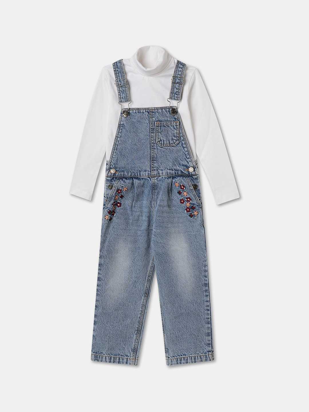 

R&B Girls Straight Leg High Neck Dungaree With T-Shirt, Blue