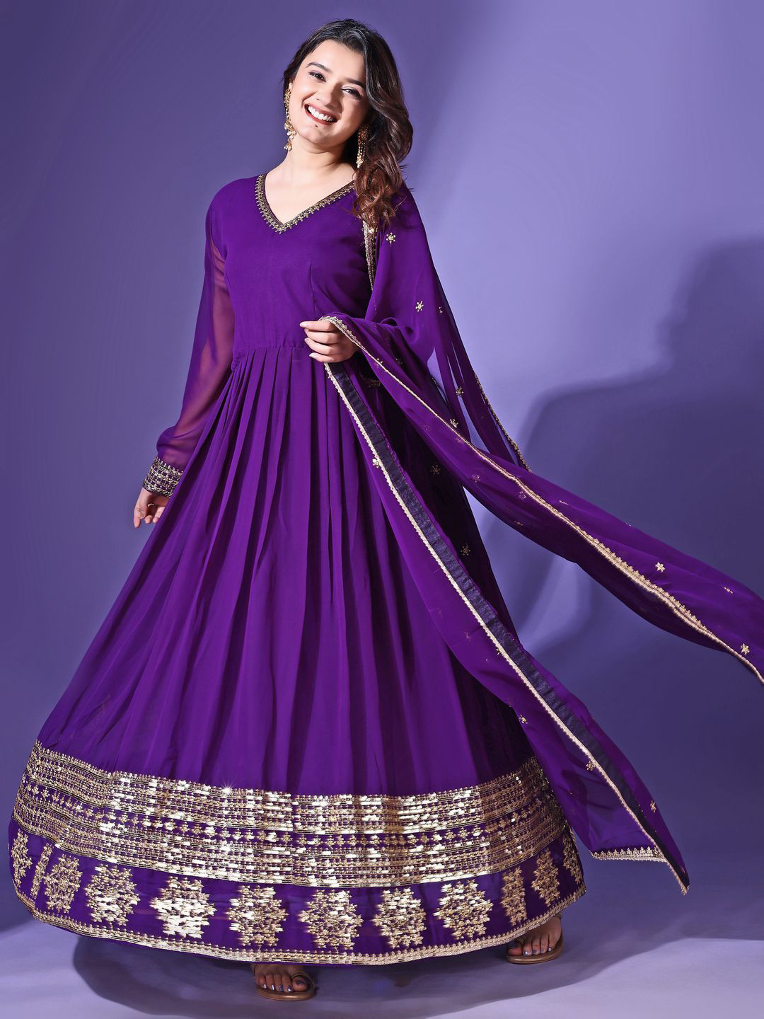 

Ethnic Yard Women Ethnic Motifs Embroidered Empire Kurta with Pyjamas & With Dupatta, Purple