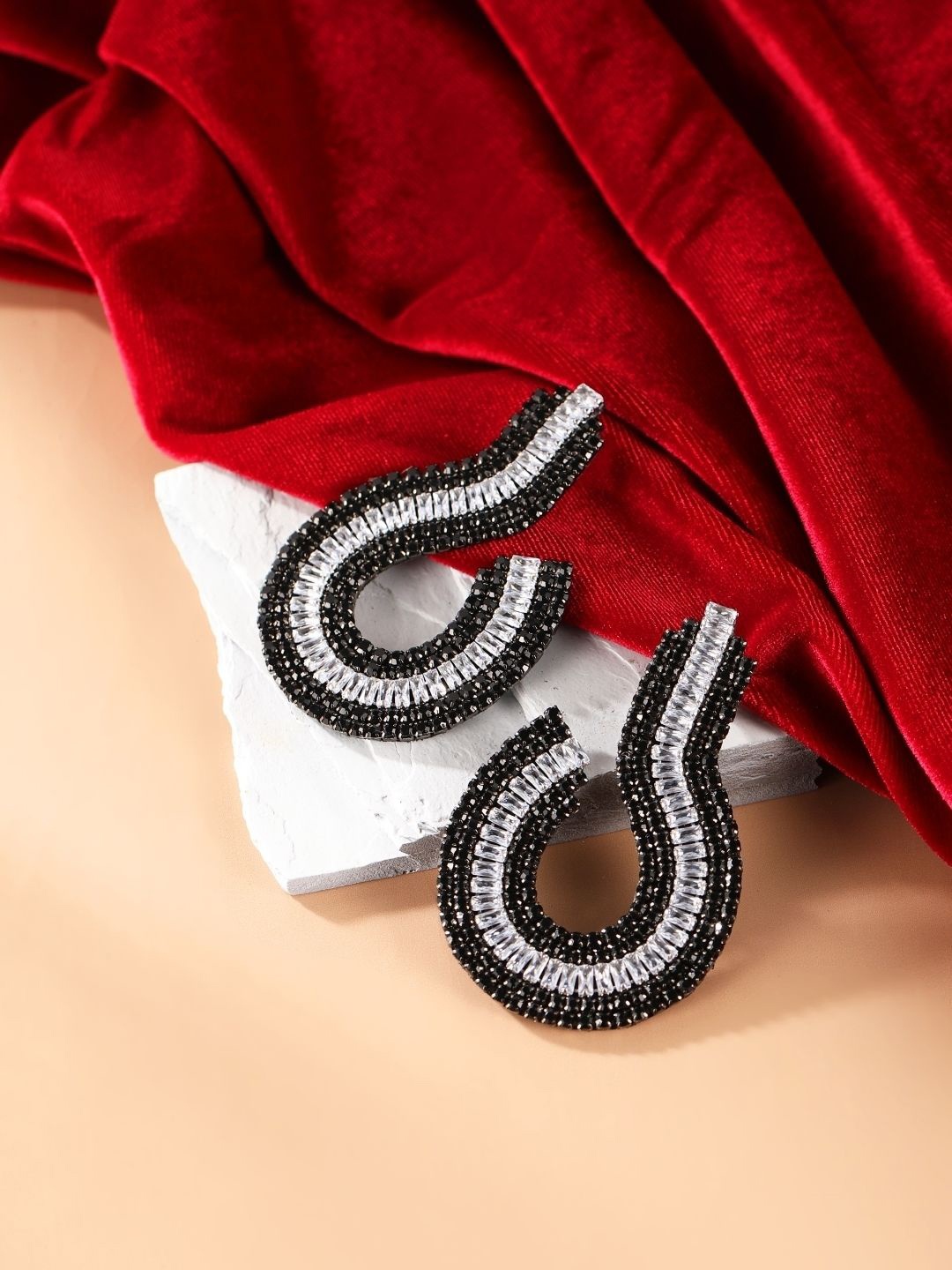 

KPOP Brass-Plated Contemporary Rhinestone Studded Drop Earrings, Black