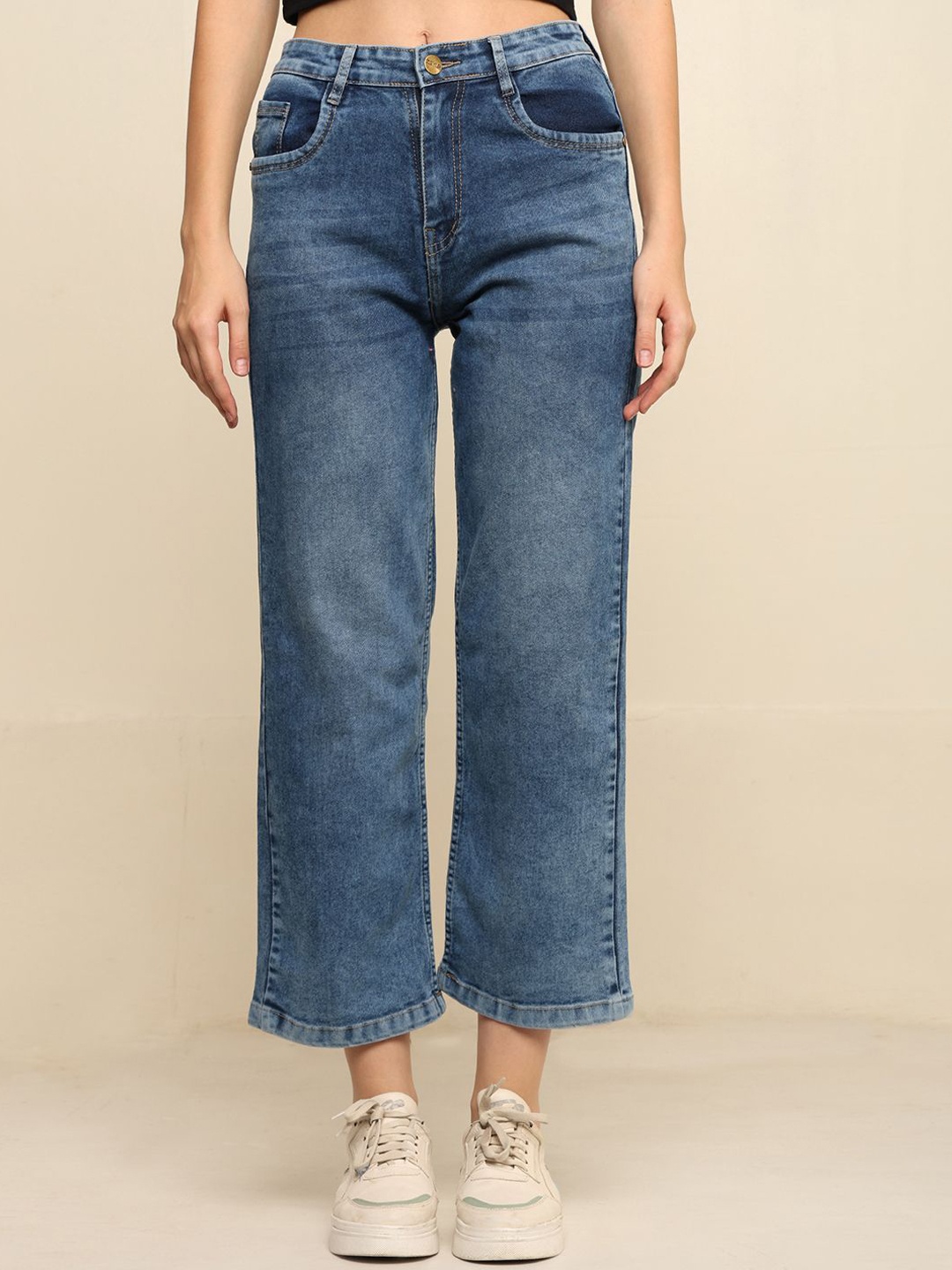 

zayla Women Comfort Wide Leg High-Rise Light Fade Stretchable Jeans, Turquoise blue