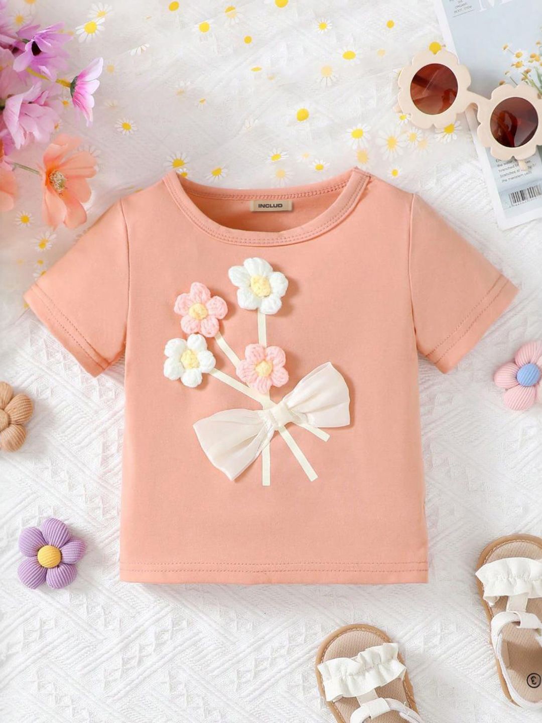 

INCLUD Girls Floral Printed Round Neck Cotton T-shirt, Pink