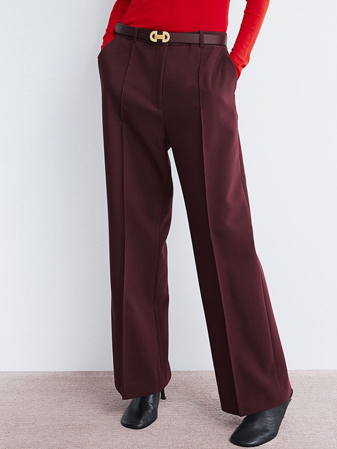 

H&M Women Loose Fit Crease-Front Trousers, Red