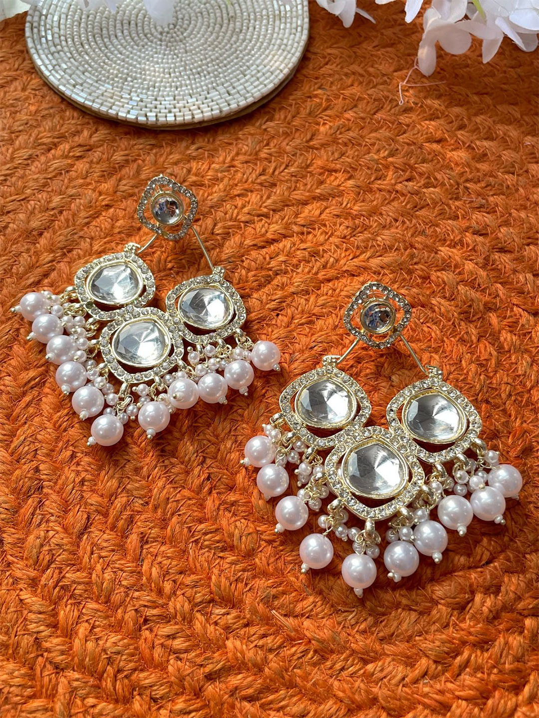 

ISHKAARA Gold-Plated Kundan Studded & Beaded Contemporary Drop Earrings