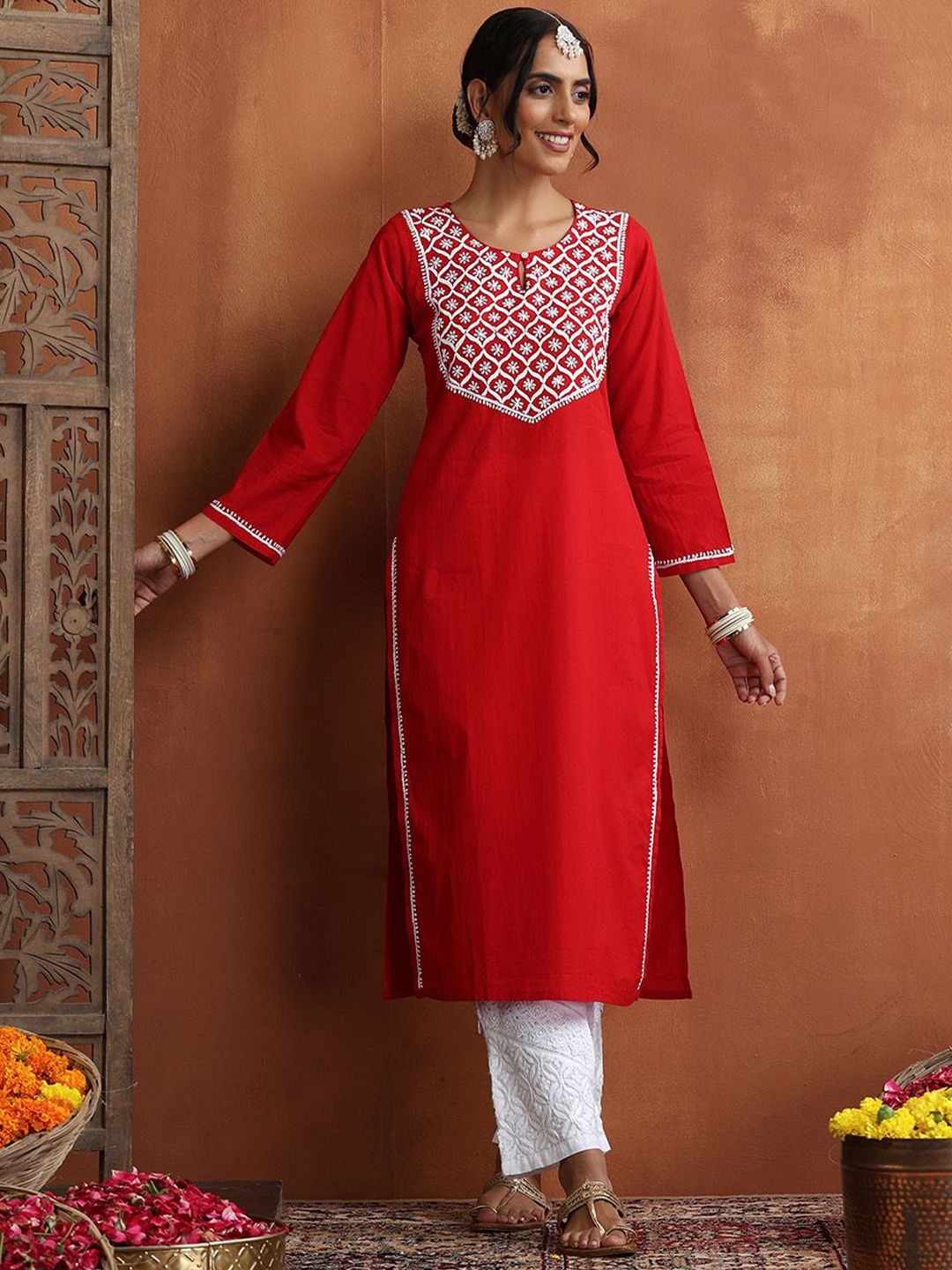 

House of Chikankari Woven Kurta, Red