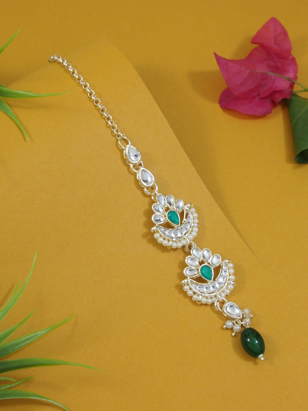 

I Jewels Gold-Plated Kundan & Pearl Maang Tikka