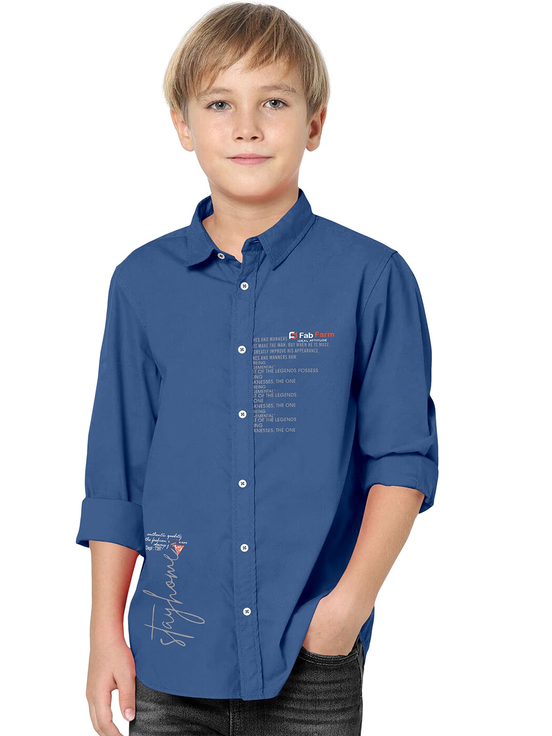 

FABFARM Boys Comfort Spread Collar Typography Printed Cotton Casual Shirt, Blue