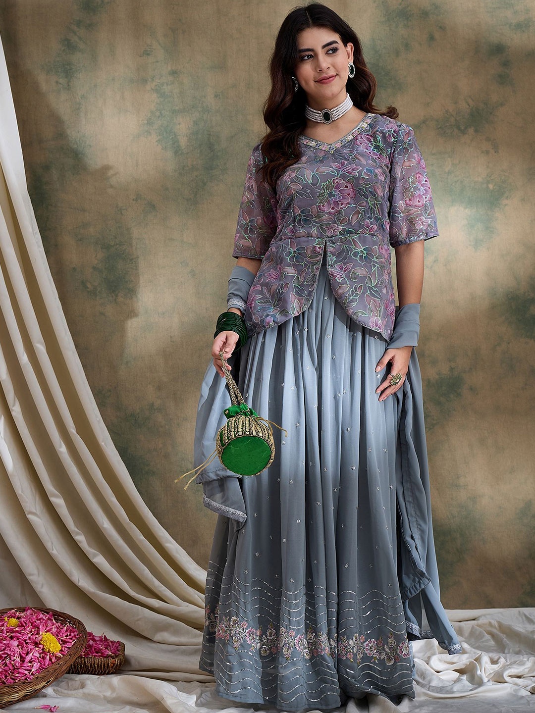 

Miss Ethnik Embroidered Thread Work Ready to Wear Lehenga & Blouse With Dupatta, Grey